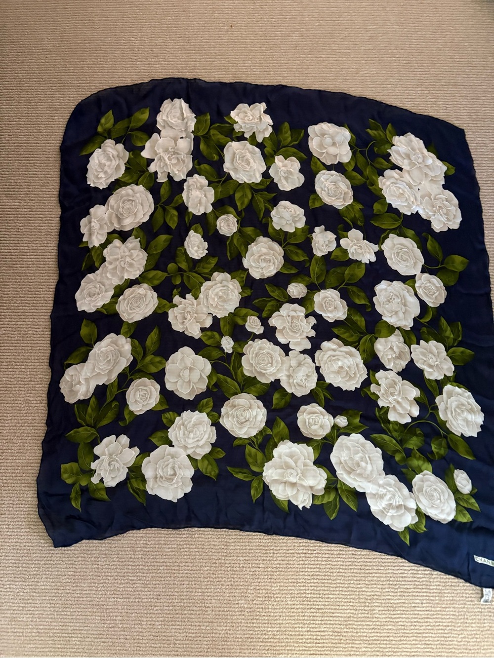CHANEL (CO.) (FRENCH, ESTABLISHED 1909) WHITE CAMELLIA silk scarf